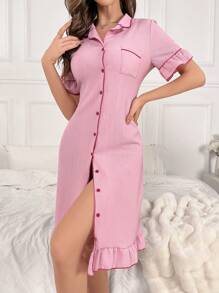 荷葉邊前鈕扣休閒洋裝 - 粉色 - 查看 3