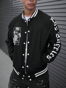 Manfinity Roghcode Men Letter Graphic Striped Trim Raglan Sleeve Varsity Jacket - Black - View 1