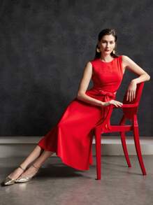 MOTF PREMIUM CUTOUT BOW DETAIL DRESS - Red - View 2