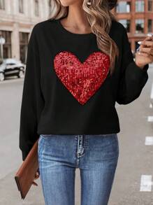 SHEIN Clasi Kim sa Hình trái tim Thả vai Áo nỉ Đen Áo - màu đen - Xem 7