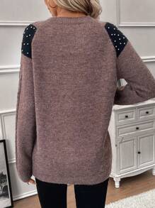 SHEIN Clasi Pearls Beaded Cable Knit Drop Shoulder Sweater - Coffee Brown - View 2