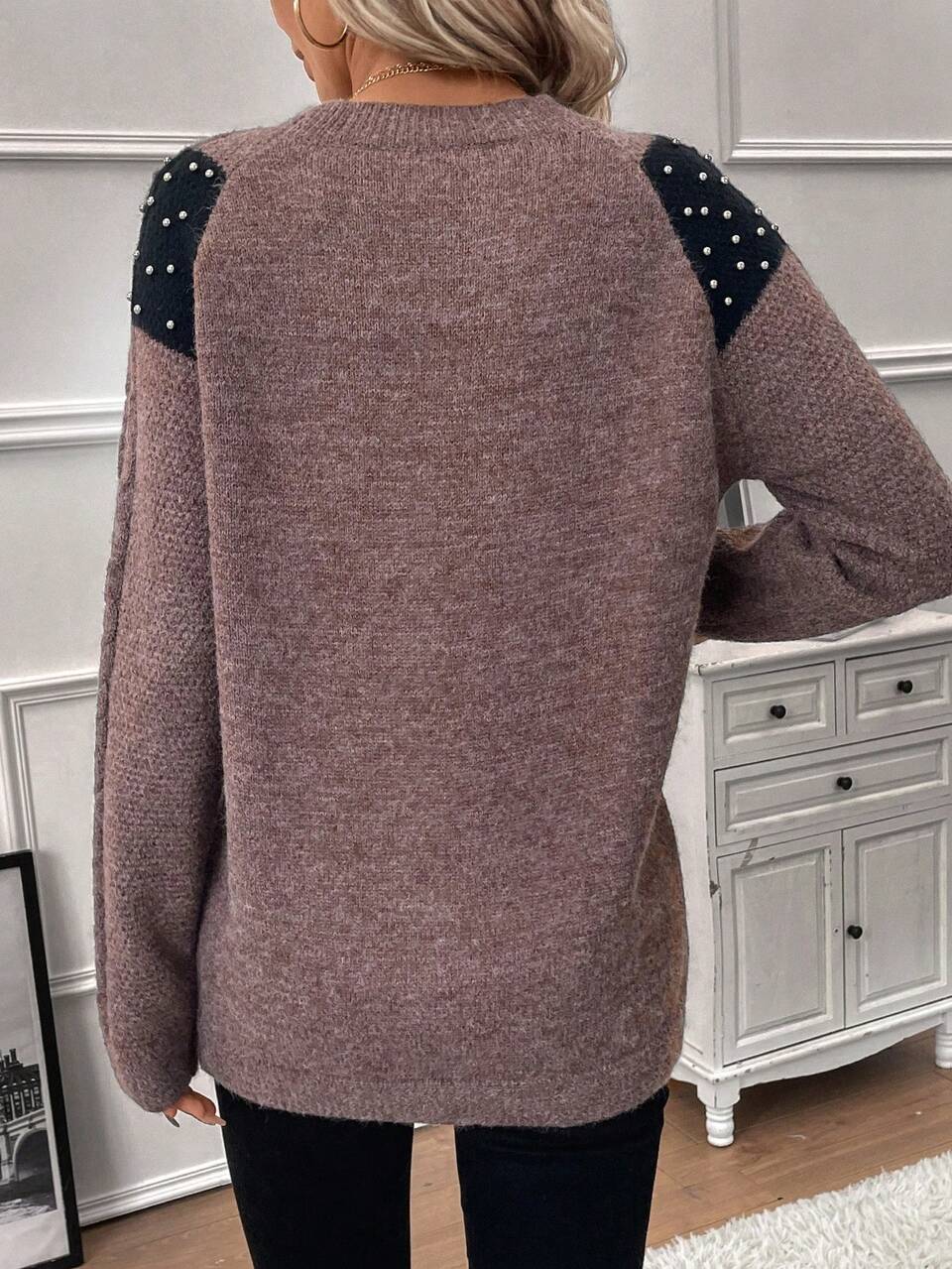 Pearls Beaded Cable Knit Drop Shoulder Sweater