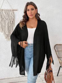 SHEIN VCAY Cárdigan de manga de murciélago con volantes para talla grande - Negro - Ver 2