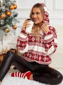 SHEIN LUNE Christmas Print Drop Shoulder Drawstring Hoodie - Red and White - View 6