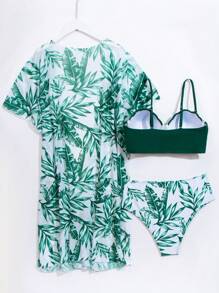 SHEIN Swim 夏季海灘熱帶印花推擠上衣比基尼套裝連和服外套 - 墨綠色 - 查看 6