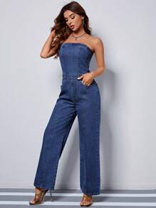 SHEIN Essnce Zip Back Denim Tube Jumpsuit - Dark Wash - View 4