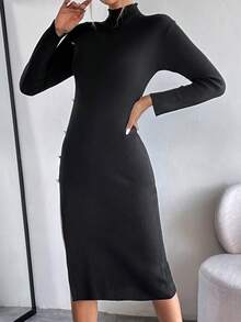 SHEIN Privé Cổ giả Chi tiết Nút Tách đùi Đầm Áo len - màu đen - Xem 5