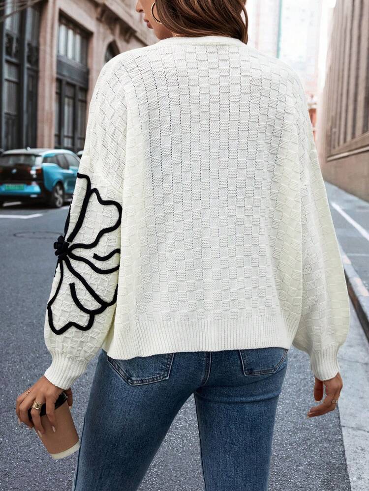 3D Floral Drop Shoulder Button Front Cardigan Fall Cloth For Women