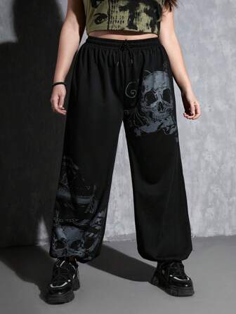 Grunge Punk Plus Skull Print Sweatpants