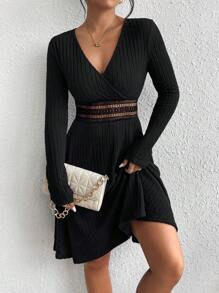 SHEIN Frenchy Guipure Lace Insert Surplice Neck Dress Winter Black - Black - View 1