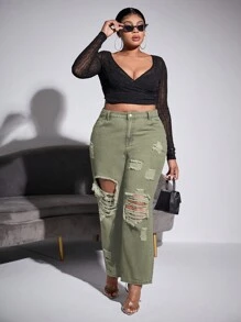 SHEIN Jeans rectos de talle alto y rotos para tallas grandes - Verde militar - Ver 3