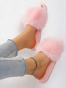 Women's Casual Minimalist Fluffy Slippers, Slip-On Design With Non-Slip Soft Sole, Comfortable And Warm For Bedroom, New Autumn/Winter Style,Furry Shoes - Pink - View 4