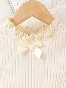 SHEIN Young Girl Fuzzy Cuff Bow Front Tee & Skirt - Apricot - View 3