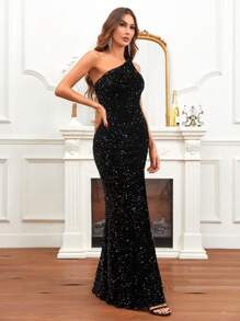 SHEIN Belle Một bờ vai Tách đùi Kim sa Ăn mặc trang trọng - màu đen - Xem 4