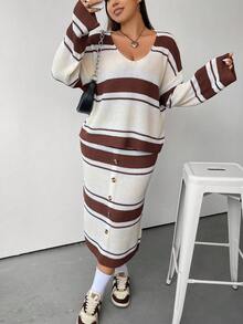 Flirla Plus Striped Pattern Drop Shoulder Sweater & Knit Skirt - Multicolor - View 5