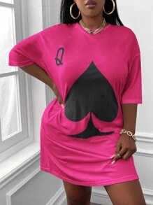 Slaydiva Hơn Chơi bài In Váy thun trễ vai - Màu Hồng Tươi - Xem 5