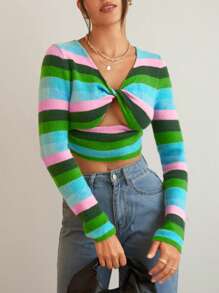 SHEIN Essnce 條紋圖案扭褶正面鏤空短款毛衣 - 彩色 - 查看 1