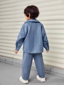 SHEIN Young Boys Casual Loose Jeans Texture Lapel Jacket + Straight Pants Set, Thermal Lined, Thickened - Blue - View 2