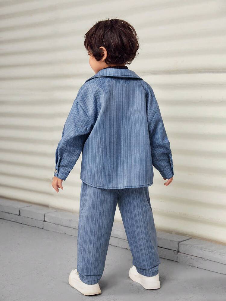 Young Boys Casual Loose Jeans Texture Lapel Jacket + Straight Pants Set, Thermal Lined, Thickened