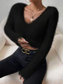 Allurite 纯色V领短款毛绒毛衣，长袖针织套头衫，秋冬毛衣 - 黑色 - 查看 5