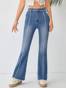 Soleia 高腰毛邊緣牛仔喇叭褲 - 藍色 - 查看 3