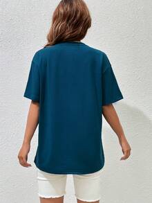 SHEIN EZwear 橄欖球&字母圖案落肩T恤 - 水鴨藍 - 查看 2