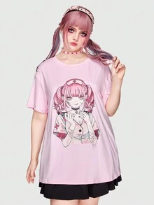 ROMWE Kawaii Talla grande Camiseta de hombros caídos con estampado de figura - Rosa - Ver 4