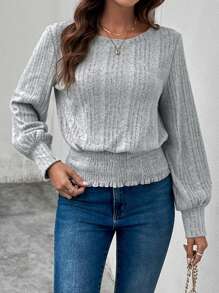 SHEIN LUNE 純色燈籠袖羅紋針織T恤 - 灰色 - 查看 4