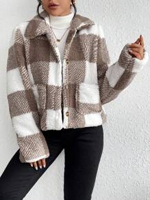 SHEIN Frenchy Họa tiết kẻ sọc trâu Túi Kép Áo Teddy Jackets - Nhiều màu - Xem 5