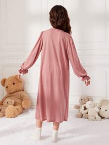 SHEIN Tween Girl Pink Knitted Contrast Stitching Lace Decorative Ruffles Long-Sleeved Home Wear Nightdress - Pink - View 2