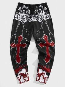 ROMWE MEN Goth Men Cross Lightning Print Drawstring Waist Pants, School - Black - View 1