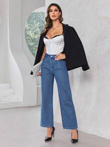 SHEIN Privé High Waist Plaid Wide Leg Jeans - Medium Wash - View 3