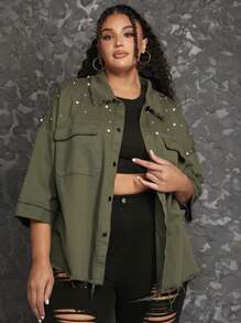 SHEIN CURVE+ Plus Pearls Beaded Flap Pocket Drop Shoulder Coat - Grey - View 4