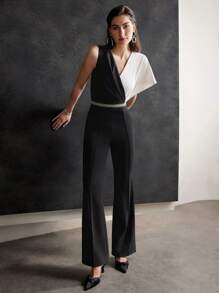 MOTF PREMIUM BELTED ASYMMETRIC TWO-TONE JUMPSUIT - Black and White - View 4