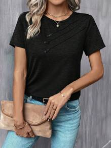 SHEIN LUNE Solid Button Detail Round Neck Short Sleeves Tee,Casual - Black - View 4