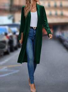 Editum Shawl Collar Open Front Velvet Coat In Fall/Winter Spring Summer Elegant  Formal - Dark Green - View 6