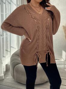 SHEIN Clasi 大碼前繫帶落肩袖套頭毛衣 - 駝色 - 查看 4