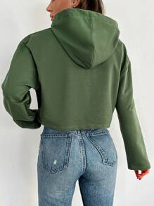 RueChic Slogan Graphic Drop Shoulder Hooded Crop Tee - Green - View 3