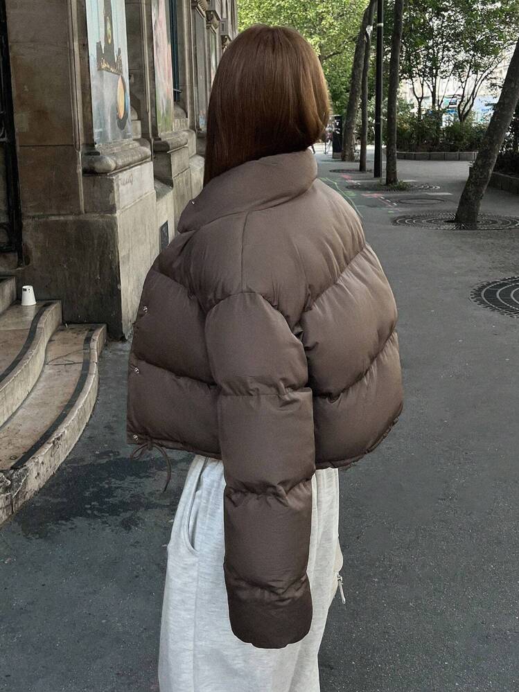 DAZY Casaco Acolchoado de Ombro Caído com Bainha de Cordão, Casaco de Inverno Feminino - Café - Visão 8