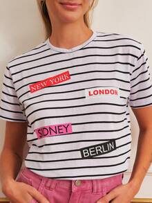 Shein女士短袖條紋t恤印花款 - 黑與白 - 查看 3