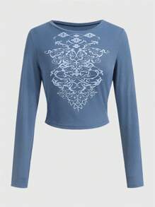 ROMWE Fairycore 圖案印花羅紋短款T恤 - 藍色 - 查看 1