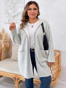 SHEIN LUNE 大碼雙口袋落肩袖連帽外套 - 淺灰色 - 查看 3