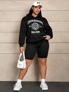 SHEIN EZwear Áo nỉ tay rớt vai cỡ lớn in chữ - màu đen - Xem 5