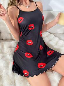 Dấu môi Ren Mộc nhĩ Váy ngủ hai dây - màu đen - Xem 3