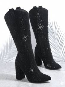 Glitter Point Toe Chunky Heeled Boots - Black - View 3
