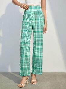 BizChic Plaid Print Wide Leg Pants - Green - View 1