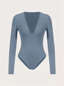 SHEIN BASICS Solid Plunging Neck Bodysuit - Baby Blue - View 1