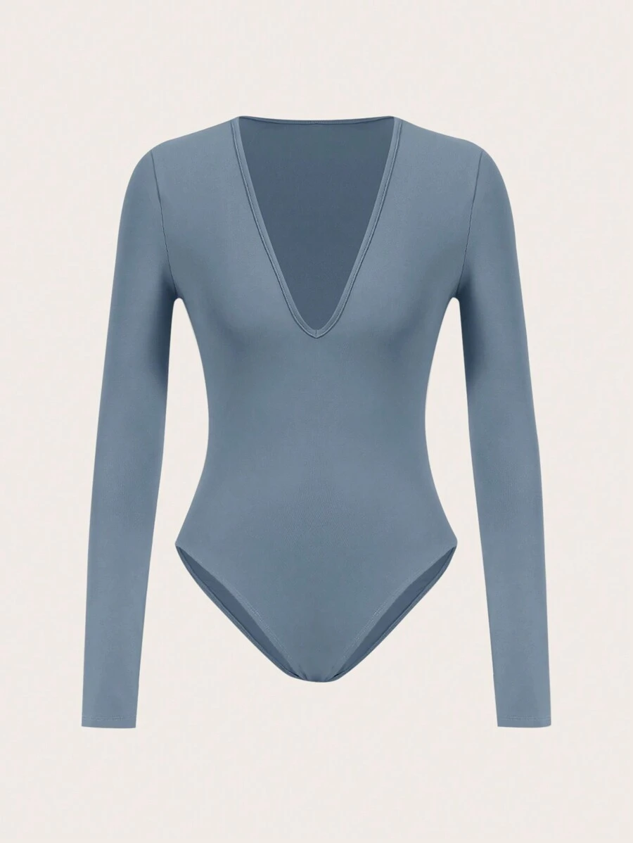 SHEIN BASICS Solid Plunging Neck Bodysuit - Baby Blue - View 1