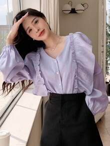 DAZY 純色荷葉邊鈕扣襯衫 - 紫色 - 查看 6