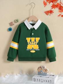 SHEIN 年輕女孩標語圖案撞色領落肩運動衫 - 墨綠色 - 查看 1